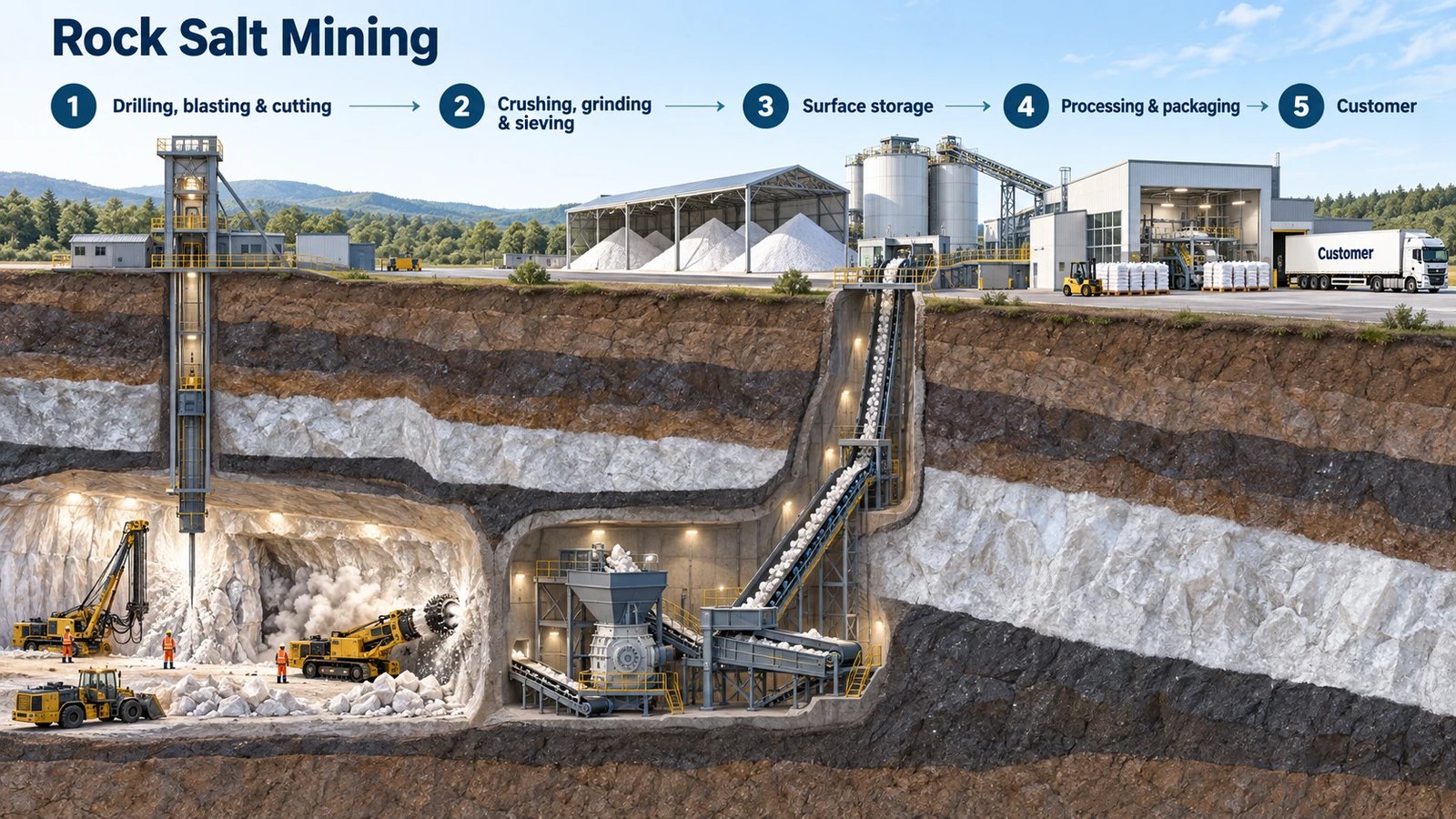 Rock salt mining production process