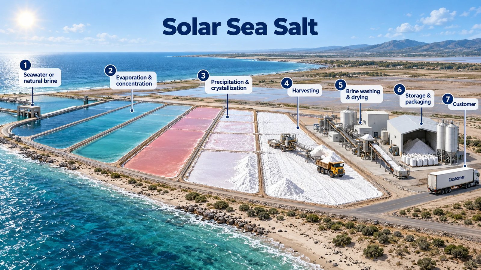 Solar sea salt production process, from seawater to customer