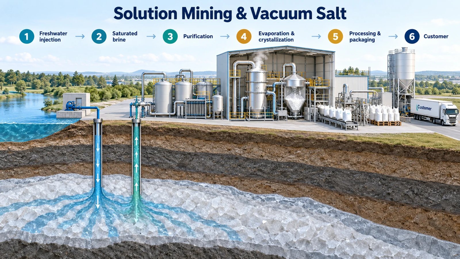 Solution mining and vacuum salt production process